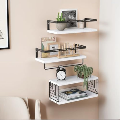 Bathroom Shelves Over Toilet Wall Mounted Floating Shelves 3+1 Rustic Wood Floating Shelves with Metal Frame and Towel Bar for Bathroom, Living Room,Bedroom and Kitchen (White, Leaf Grid)