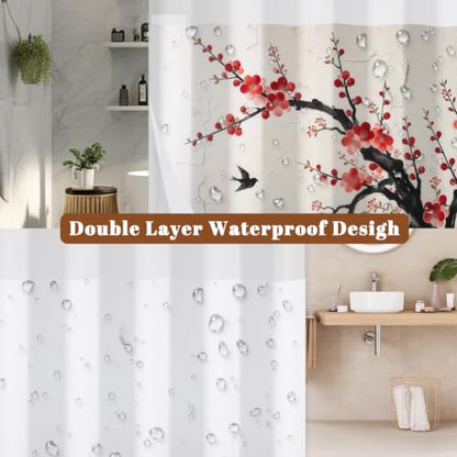 Plum Blossom Shower Curtain with Snap in Liner & Tassels, 71Wx77L | No Hook Needed, Double Layer Waterproof Fabric with Mesh Top, Flowering Tree Design for Minimalist & Zen Inspired Bathroom - color: Red Plum Blossom
