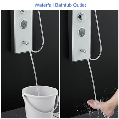 4-in-1 Glass Shower Panel Tower System Stainless Steel White | 51 inch shower panel l 9" rain shower head | 3 massage jets | Handheld shower | Tub spout | Glass + steel design | Wall mount - style: Round Shower