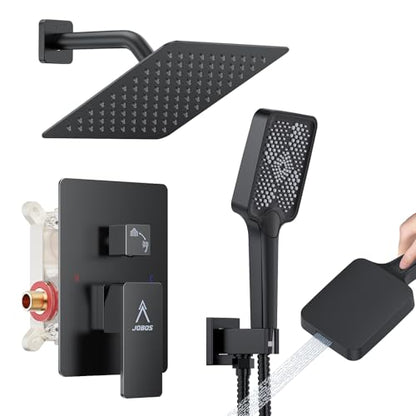 Shower System Modern Rain 8 inches Brass Faucet Set With Valve and Diverter Shower Mixer With Handheld High Pressure Square Rainfall Shower Valve (8'' Wall Mount, Matte Black) - color: Matte Black, style: 8'' Wall Mount