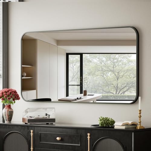BEAUTYPEAK 26" x 38" Rectangular Aluminum Alloy Frame Wall Mounted Bathroom Mirror with Rounded Corners, Black | Aluminum Alloy Frame with Rounded Corners - color: Black, size: 38"L x 26"W