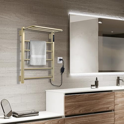 Heated Towel Racks, 5 Bars Towel Warmer with 24hr Timer Stainless Steel Wall Mounted Electric Towel Warmers for Bathroom - color: Gold