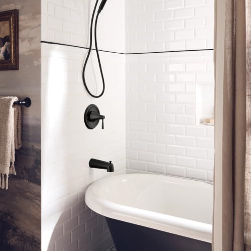 Moen Ronan Matte Black Single-Handle Modern Tub and Shower Faucet with Round Handheld Rainshower Spray Head Featuring Magnetix, Valve Included, 82021BL - color: Matte Black, style: Round Showerhead