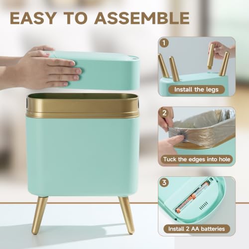 Touchless Bathroom Trash Can with Lid, Cute Tall Green Wastebasket | Waterproof,Narrow,Automatic,Convenient and Hygienic Easy to Use，2.6 gallon Small Garbage bin for Bedroom, Office，Living Room - color: Green