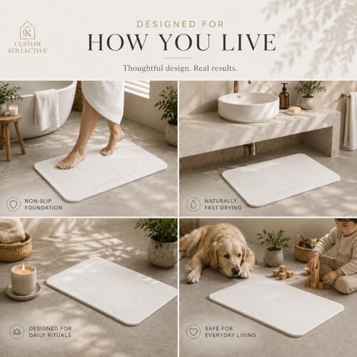 Custom Kollective™ Stone Bath Mat Ritual Bundle – Diatomite Quick Dry Bath Mat for Bathroom, Stone Drying Mat, Non-Slip Pad, Brush, Polishing Pad & Storage Bag (Grounding Sandstone)