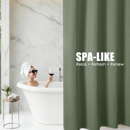 Waterproof Waffle Shower Curtain, 260GSM Heavy Duty Fabric with 12 Stainless Steel Hooks, Luxury Hotel Spa Style for Bathroom, Machine Washable, 72 x 72, Green - color: Waffle-sage Green