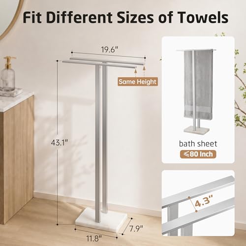 KES 43'' H Standing Towel Rack for Bathroom, Weighted Marble Base | Fits Large Bath Sheet, Freestanding Floor, 2-Tier, Outdoor, Extra High, Thick 18/8 Stainless Steel Brushed Finish, BTH232-2
