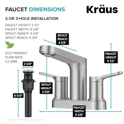 KRAUS Indy Centerset Bathroom Faucet in Spot-Free Brushed Nickel with 2 Handles, Pop Up Drain and Supply Lines, FUS-14102SFBN - color: Spot Free Brushed Nickel, style: Centerset