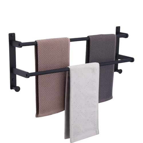 Matte Black Double Towel Rack with Hooks for Bathroom, 24 Inch Stainless Steel Wall Mounted Towel Bar Holder - color: Matte Black, size: 24-Inch