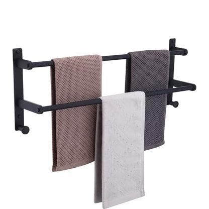 Matte Black Double Towel Rack with Hooks for Bathroom, 24 Inch Stainless Steel Wall Mounted Towel Bar Holder - color: Matte Black, size: 24-Inch