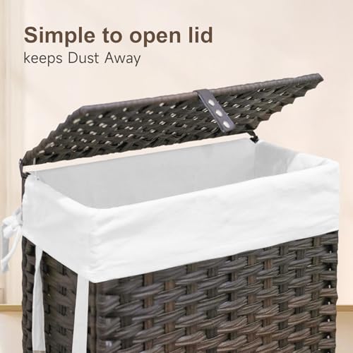 88L Slim Laundry Hamper with Wheels, 23.3 Gallon Rolling Laundry Basket with Lid, Tall and Narrow Laundry Hamper with 2 Removable Liner & 3 Mesh Bags, Laundry Sorter for Bathroom, Brown