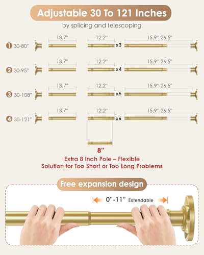 Gold Extra Long Tension Shower Curtain Rod No Drilling Adjustable 30-108 In(9ft) 1.1" Diameter Stainless Steel, Rustproof Heavy Duty, Room Divider for Bathroom Window Patio Closet - color: Gold, size: 30-108''