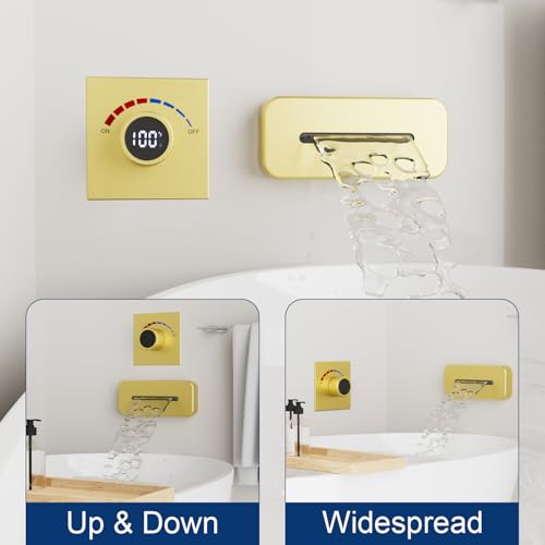 Temperature Display Shower Valve with Wall Mounted Waterfall Tub Faucet Kit Waterfall Tub Spout One Way Shower Deliver Valve - color: Brushed Gold, style: Adjustable bathtub faucet