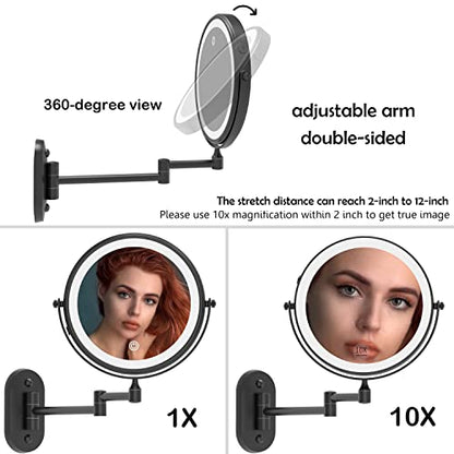 Ruacq Wall Mounted Makeup Mirror with 3 Lights, 1X/10X, Matte Black | Rechargeable Adjustable Brightness, Stainless Steel, Round, Gift for Mom, Women, Wife, Girls, Dorm Room Essential - color: Round Black