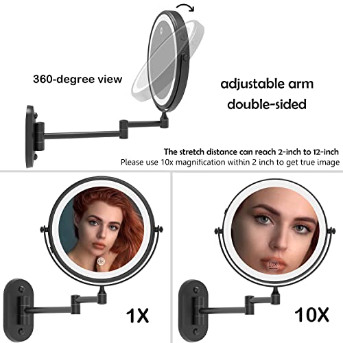 Ruacq Wall Mounted Makeup Mirror with 3 Lights, 1X/10X, Matte Black | Rechargeable Adjustable Brightness, Stainless Steel, Round, Gift for Mom, Women, Wife, Girls, Dorm Room Essential - color: Round Black