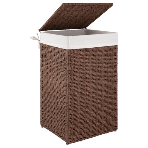 OIAHOMY Laundry Hamper with Lid, 65L(17.2 Gal) Large Wicker Laundry Basket for Bedroom, Handwoven Paper Rope Clothes Hamper with Washable Liner & Metal Frame, Decorative organizer for Bathroom Brown - color: Brown, size: 65L