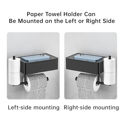 Toilet Paper Roll Holder, Wall-Mounted Bathroom Tissue Organizer with Storage Shelf, Adhesive Toilet Paper Holder Modern Matte Black,12.37L x 5.11W inches