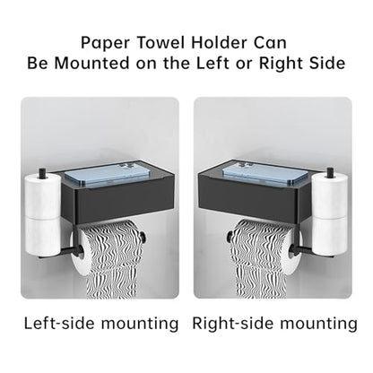 Toilet Paper Roll Holder, Wall-Mounted Bathroom Tissue Organizer with Storage Shelf, Adhesive Toilet Paper Holder Modern Matte Black,12.37L x 5.11W inches