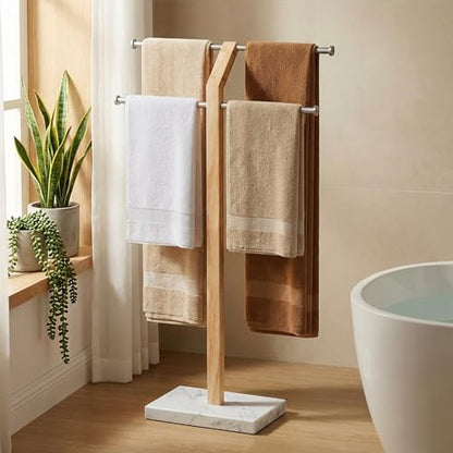 KES Width Adjustable Free Standing Towel Rack with 3X Thicker Weighted Natural Marble Base, 2-Tier Wooden Towel Rack Stand for Bathroom Floor, 18/8 Stainless Steel, Brushed Finish, BTH800-2 - color: White Marble