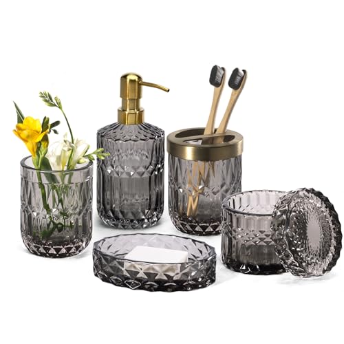 EMPO 6PCS Bathroom Clear Glass Accessories Set (Lotion Soap Dispenser, Soap Dish, Toothbrush Holder, Tumbler, Cotton Swab Jar) Contemporary Modern Decor Crystal Clear Vintage Gift (6pcs Gray) - style: 6pcs Gray