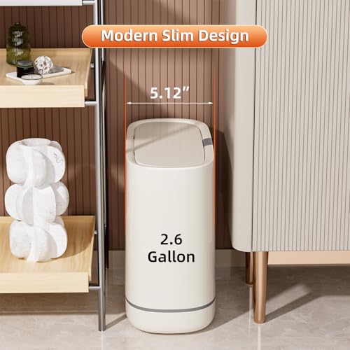 Bathroom Trash Can with Lid, 2.6 Gallon Slim Garbage Can with Inner Bucket, Press Top Bin, Plastic Narrow Wastebasket for Kitchen, Home, Office, Bedroom, Living Room