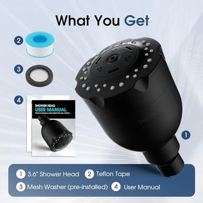 High Pressure Boosting Shower Head, ALOHOME 6 Powerful Spray Settings - Perfect for Low Water Pressure Homes, 3.6" Luxury Modern Shower Head with 360° Adjustable Brass Ball Joint - Matte Black - color: Matte Black