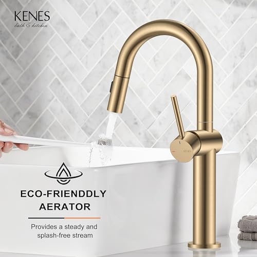 Champagne Bronze Pull Down Tall Vessel Sink Faucet 1 Hole 1 Handle | Vessel Bowl Faucet with Pop Up Drain & Supply Lines, Lead-Free cUPC & NSF Certified, 1 Hole Faucet for Vanity RV Restroom - color: Champagne Bronze, size: Tall