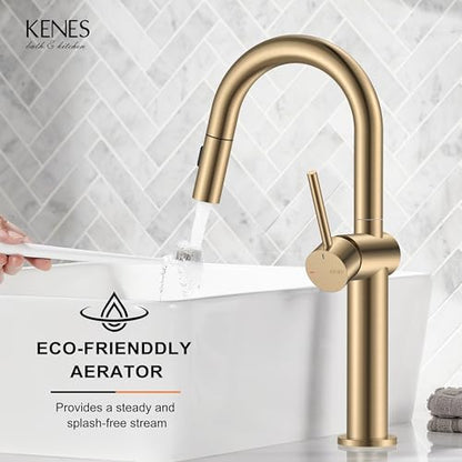 Champagne Bronze Pull Down Tall Vessel Sink Faucet 1 Hole 1 Handle | Vessel Bowl Faucet with Pop Up Drain & Supply Lines, Lead-Free cUPC & NSF Certified, 1 Hole Faucet for Vanity RV Restroom - color: Champagne Bronze, size: Tall