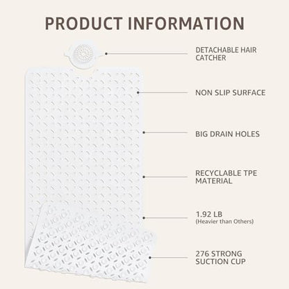 OTHWAY Bath Mat for Tub Non Slip: 39" X 17" Long Bathtub Mat with Hair Catcher│Big Drain Holes Shower Mats for Inside Shower│Machine Washable (White) - color: White
