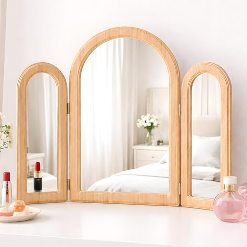 Arched Trifold Makeup Mirror, 30x37 Inch Large Adjustable Vanity Mirror for Tabletop or Wall Mount, Wood Frame Decorative Cosmetic Mirror, Countertop Mirror for Braiding Hair - color: Natural Wood