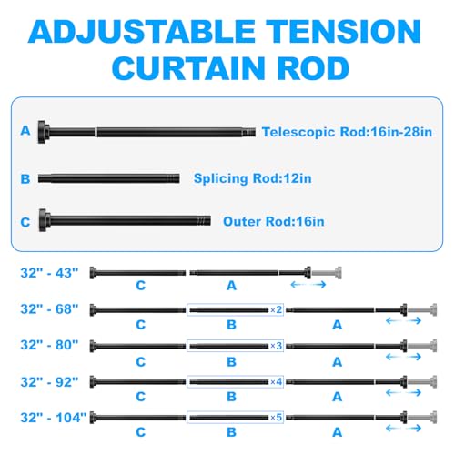 TEECK Shower Curtain Rod, 32-43 inch Adjustable Spring Tension Curtain Rod, Never Rust Anti-Slip Shower Curtain Rod for Bathroom, No Drilling, Never Collapse, Easy to Use, Black - color: Black, size: 32-43 Inches