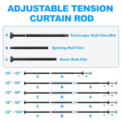 TEECK Shower Curtain Rod, 32-43 inch Adjustable Spring Tension Curtain Rod, Never Rust Anti-Slip Shower Curtain Rod for Bathroom, No Drilling, Never Collapse, Easy to Use, Black - color: Black, size: 32-43 Inches
