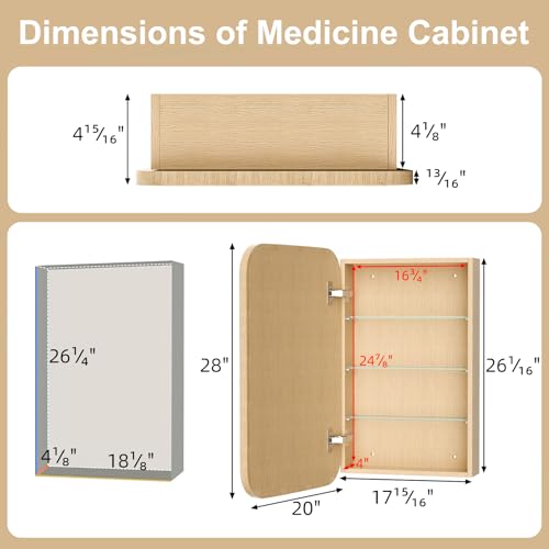 20x28 Inch Wood Medicine Cabinet with Mirror for Bathroom, Oak | Fully Assembled, Surface or Recessed Mount Mirror Cabinet, Rounded Corner, 3 Adjustable Glass Shelves, Soft-Close Door