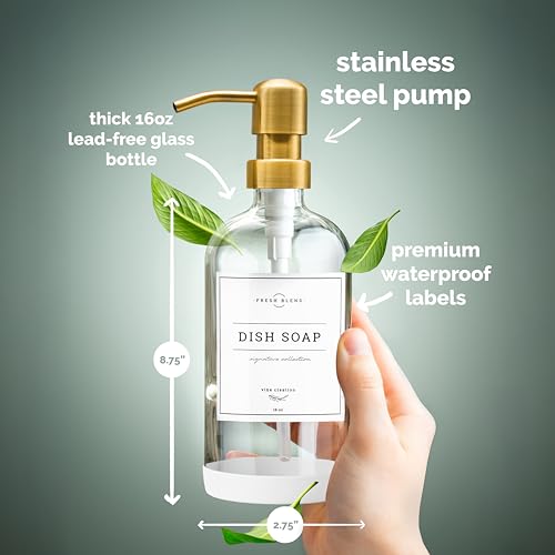 Vine Creations Glass Soap Dispenser, 2 Pack Kitchen Soap Dispenser Set with Stainless Steel Pump, 16 oz Dish Soap and Hand Soap Dispensers for Bathroom with Waterproof Labels (Clear) - color: Clear Bottle / Gold Pump