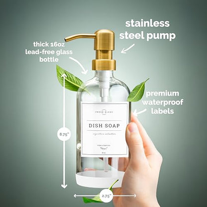 Vine Creations Glass Soap Dispenser, 2 Pack Kitchen Soap Dispenser Set with Stainless Steel Pump, 16 oz Dish Soap and Hand Soap Dispensers for Bathroom with Waterproof Labels (Clear) - color: Clear Bottle / Gold Pump