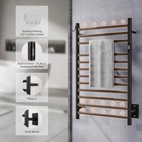 Wall Mounted Towel Warmer 12 Bars with Plug-in and Hardwired Options 3 Working Modes Black Stainless Steel 21” W 34” H - color: Black