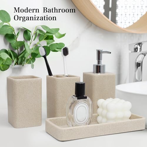 Bathroom Accessories Set, 4 Piece Toothbrush Holder Set - Sand Beige | Bathroom Accessory Set with Soap Dispenser, Toothbrush Holder, Tumbler, Vanity Tray, Bathroom Sink Set for Modern Home Decor - style: Beige