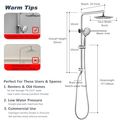 9 Inch Rain Shower Head System with Handheld Spray, Handheld Shower Heads with Multi Spray Modes, Brass Diverter Valve, 360° Swivel Adjustable Rainfall Shower, Chrome Shower Faucet Set for Bathroom - color: Chrome, style: 1.8 Gallons Per Minute-Round