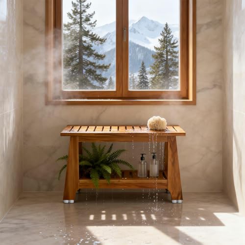 NNN 30" Commercial Heavy Duty Teak Shower Bench, Patented, Non-Slip Stable | with 8 Japan-Made Non-Slip Leveling Feet, Mortise-Tenon Legs 350lb, Pre-Oiled European Teak Oil, Marine-Grade Hardware - size: 30"W x 14" Dx 18"H