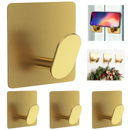 Gold Adhesive Wall Hooks 15LB Max Heavy Duty Sticky Hook Rustproof | 2" Stainless Hanger for Hanging Coat Towel Robe Hat for Bathroom Kitchen Shower RV Glass Wall, No Drilling Brushed Gold 4Pack - color: Sq- Brushed Gold