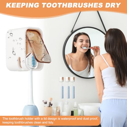 3PCS Single Slot Toothbrush Holder Wall Mounted with Cover,Waterproof | Toothbrush Cover for Shower,Self Adhesive Hanging Toothbrush Organizer for Manual/Electric Toothbrush,Family Travel,brown - color: Brown