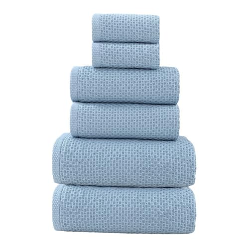 SK Studio 6 Piece Blue Bath Towels Set Cotton Waffle Bathroom Towels | 2 Bath Towels, 2 Hand Towels, 2 Washcloths Quick Dry for College Dorm, Spa - color: Blue