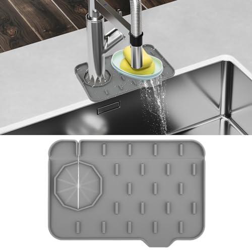 Dimeho Sink Faucet Splash Guard Mat Silicone Soap Dish Pad Faucet Handle Drip Catch Sponge Holder Sink Protector Trays for Bathroom Kitchen Countertop Gadgets Accessories - color: Gray