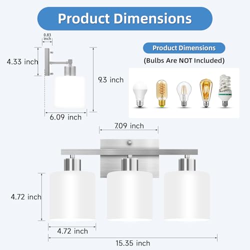 SILAMPDI Bathroom Light Fixtures Brushed Nickel, 3-Light Bathroom Lights Over Mirror, Bathroom Vanity Lights for Bedroom, Living Room, Hallway, Milky White Glass Shades, E26 Base, Bulbs Not Included - color: Brushed Nickel-3Light