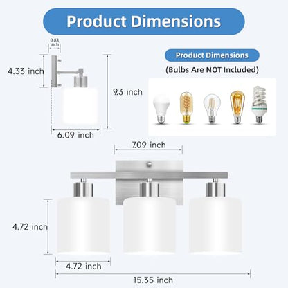 SILAMPDI Bathroom Light Fixtures Brushed Nickel, 3-Light Bathroom Lights Over Mirror, Bathroom Vanity Lights for Bedroom, Living Room, Hallway, Milky White Glass Shades, E26 Base, Bulbs Not Included - color: Brushed Nickel-3Light