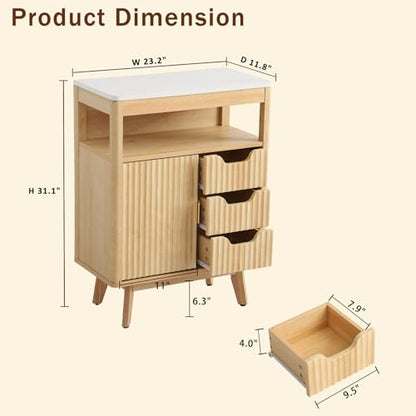 Fluted Storage Cabinet for Bathroom, 3 Drawer Floor Cabinet with Sliding Door, Mid Century Storage Organizer with Adjustable Shelf, Modern Curved Edge Cabinet for Dining Room Kitchen (Natural)
