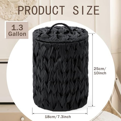 Ctosree 1.3 Gal Boho Woven Trash Can with Lid, Black | Braided polypropylene waste basket with handle and 100 garbage bags for bathroom, bedroom, office, or laundry. - color: Black, style: Braided Polypropylene