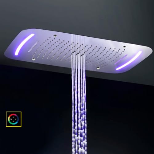 Cascada Luxurious Design 17"x28" Recessed LED Shower System with 6 Functions (Rainfall, Waterfall, Rain Curtain, Misty, 4"Body Jets & Handheld), & Shower Sliding Bar (Polished Stainless Steel) - color: Polished Stainless Steel