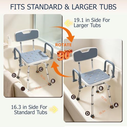 Swivel Shower Chair with Arms and Back for Elderly and Disabled | 400 lbs Heavy Duty Shower Stool with Flip-Up for Inside Shower,Adjustable Height Shower Seat for Bathroom,Light Gray - color: Light Gray