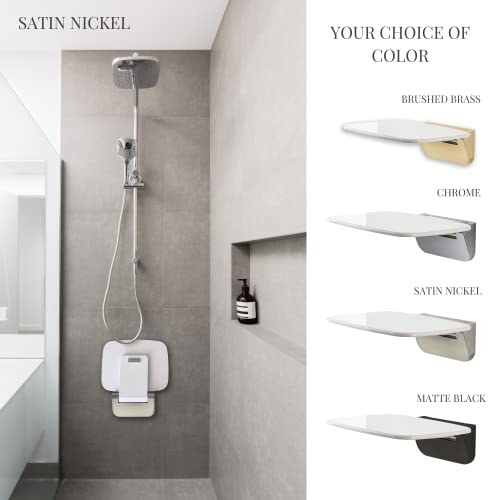 Folding Shower Seat Wall Mounted – Secure Fold Down Shower Bench, 350lbs Capacity, Space-Saving & Easy to Clean, Satin Nickel - color: Satin Nickel & White